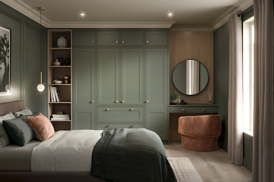 Bella Tullymore Supermatt Smoke Green & Urban Oak Bedroom